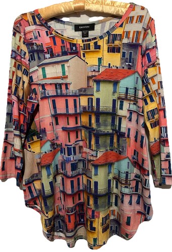 Karen Kane Top L Stretch Knit Wearable Art Colorful Houses Village Shirt Blouse