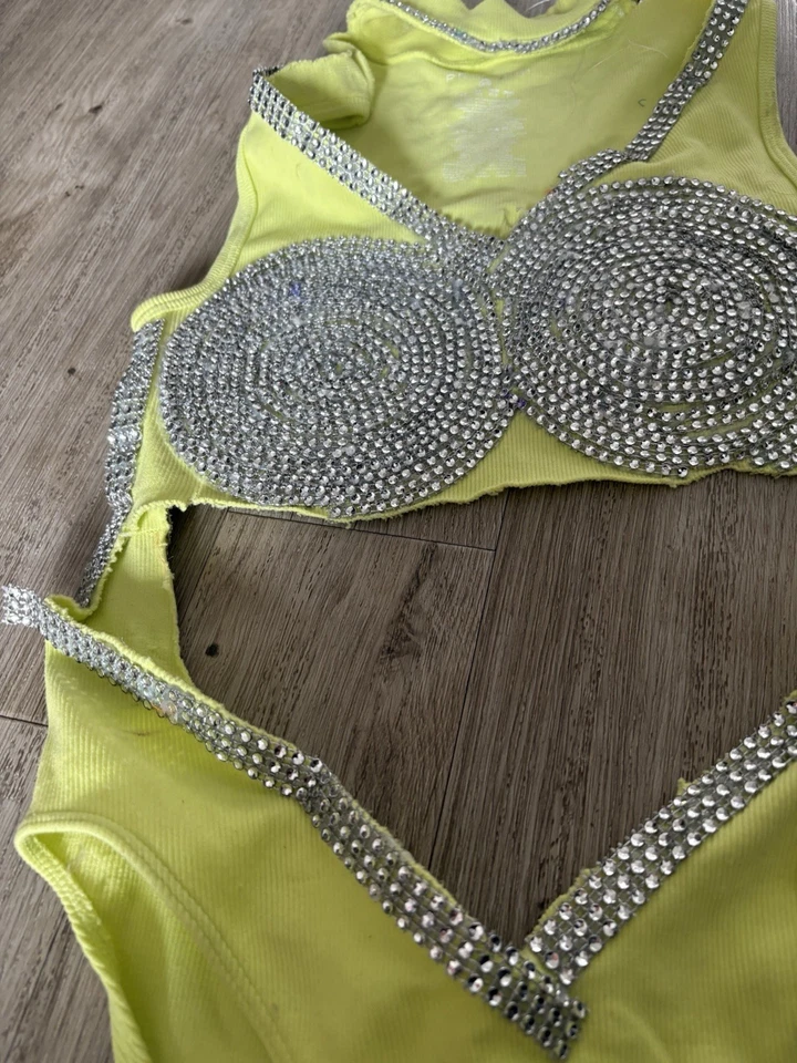 Showgirl Tiras Leotardo Burlesque Amarillo Foto 2 de 4