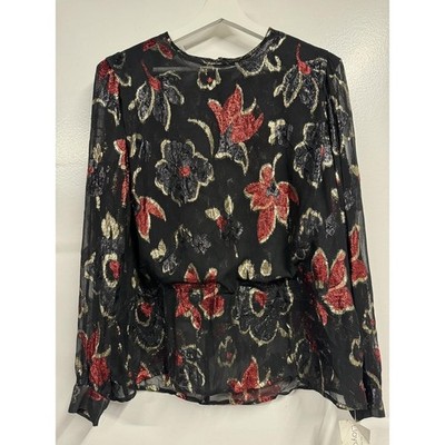 Lamé Metallic Blouse 80s  Disco Lloyd Williams Red gold black Floral Top 14 New