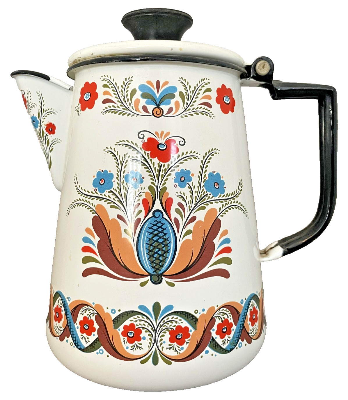 Vintage Sweedish Berggren White Enamel Stovetop Coffee Pot Percolator Folk Art
