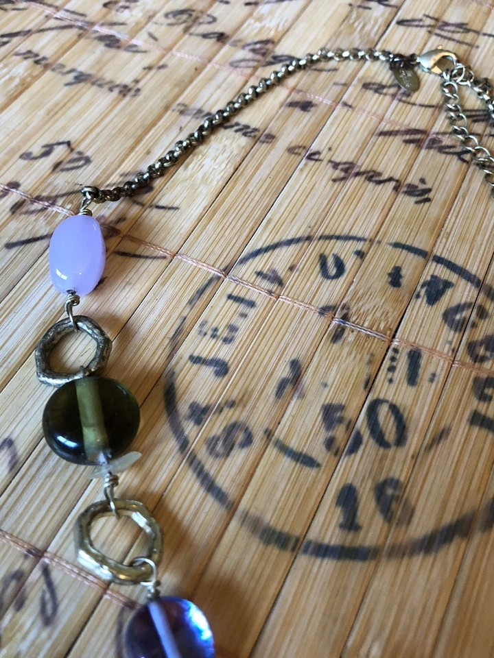 Collar Colgante Lia Sophia Púrpura Verde Ojo de Tigre Cuentas Piedra Oro Latón Firmado Foto 4 de 4