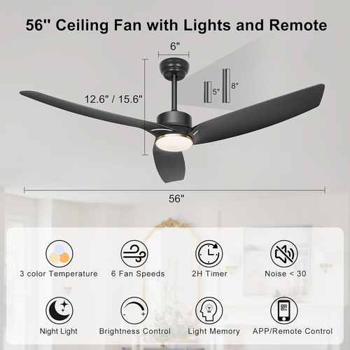 56 Inch Black Ceiling Fan with Lights, Modern 3 Blade Fan with Remote/App Contro - Picture 2 of 7