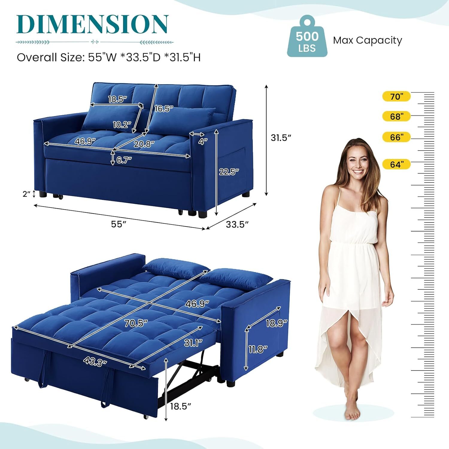 Sofa Bed Couch Sleeper Loveseat Convertible Pull-Out Bed Couch With Side Pockets