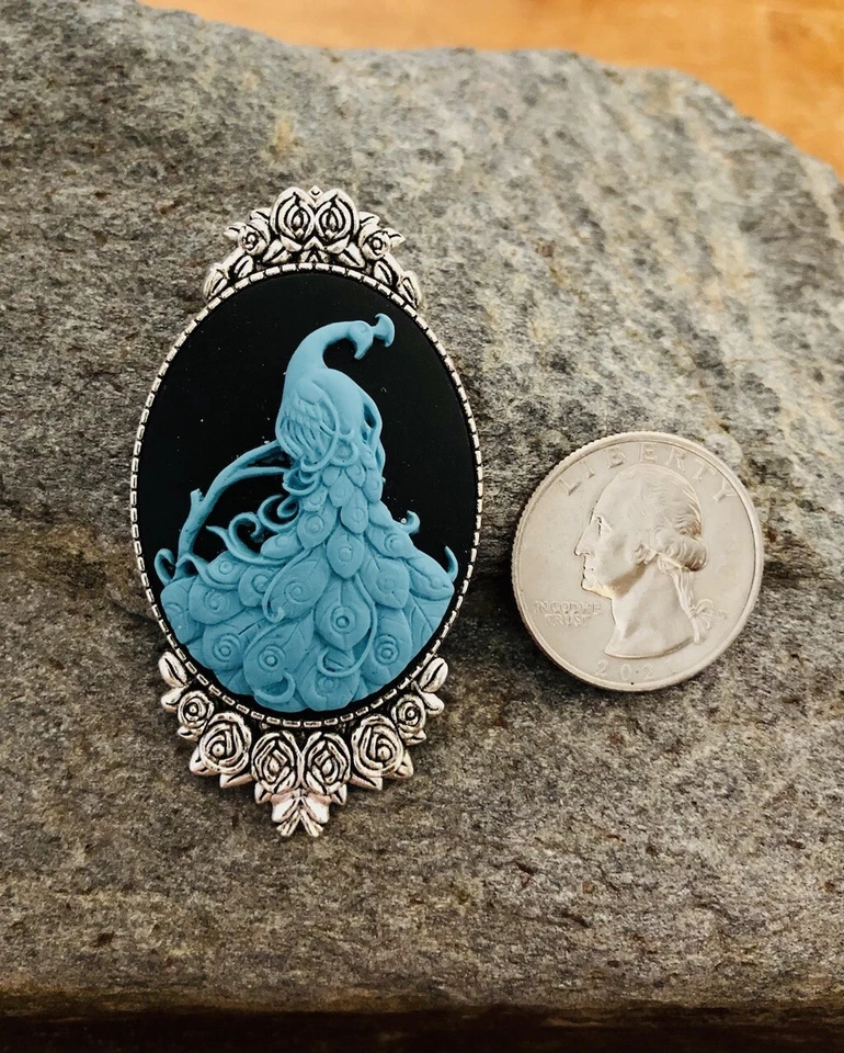 Broche Prendedor Camafeo Pavo Real, Color Azul Turquesa, De Colección Victoriano Plata Antigua Foto 4 de 4