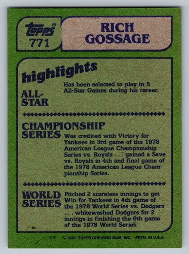 1982 Topps Rich Gossage New York Yankees #771 - Picture 2 of 2