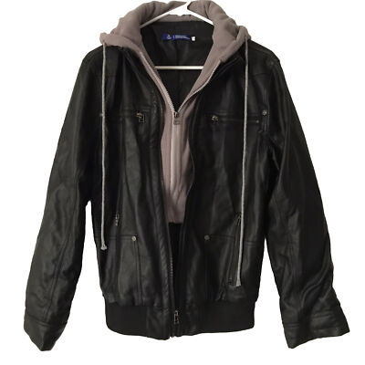 Fitshop Man s High Fashion Jacket Size Large Boys Hooded Black Faux Leather