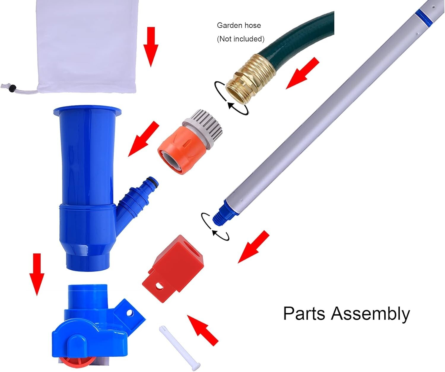Water Pressure Powered Pool Jet Vacuum with 6 Adjustable Poles - Easy Assembly