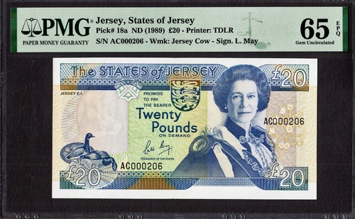 Jersey 20 Pounds 1989 First Prefix LOW # AC 000206 Pick-18a GEM UNC PMG 65 EPQ - Picture 1 of 2