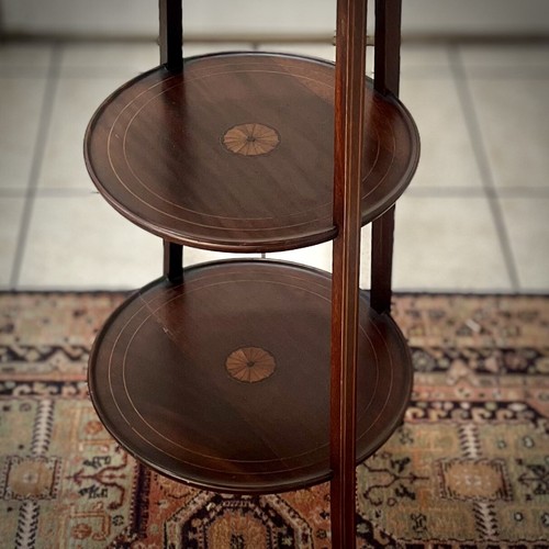 Antique English Mahogany Floral Inlay 3 Tier Plate Cake Stand Tea Pie Rack 36” - Picture 3 of 11