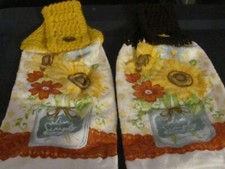 TWO HANDMADE CROCHETED HANGING KITCHEN TOWELS SUNFLOWERS JAR LIVE SIMPLY