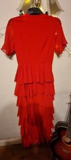 Pretty Little Thing Deep V Neck Long Red Dress Tiered Size 12 Short Sleeves 