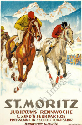 St Moritz vintage winter horse race travel poster repro 16x24