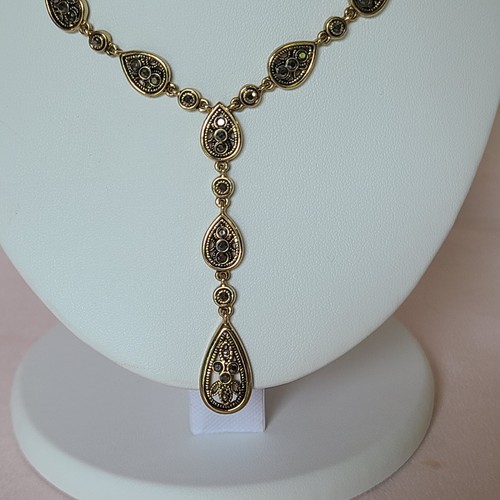 Y Drop Teardrop Pear Chocolate Rhinestone Gold Tone Filigree Choker Necklace - Picture 2 of 10
