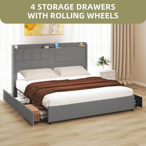 King Bed Frame Gray Built-In Storage Drawers Headboard Shelf USB Charging Ports - Bild 5 von 11