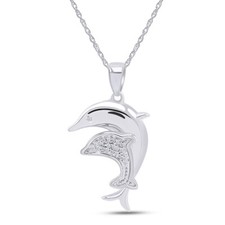 Mom Baby Dolphin Pendant Necklace Natural Round Diamond Solid Sterling Silver