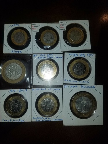 Mexico 3-10 Pesos Silver & Brass + 6 Bi-Metallic Coins different Denominations