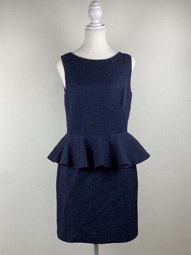 Cue In the City Dress Size 10 Navy Peplum Pencil Sleeveless Waist Ruffle