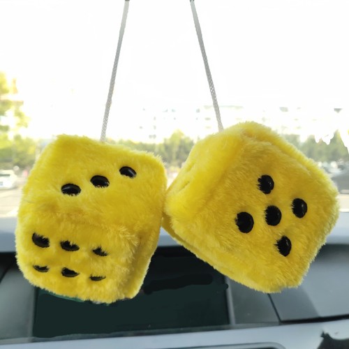 Yellow Retro Hanging Dice for Car Mirror Fuzzy Plush Dice+Dots for Car/Home - Picture 1 of 9