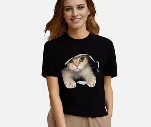 Süßes Damen-T-Shirt mit Katzenmotiv Freizeit Kurzarm für Mädchen Sommer Frauen