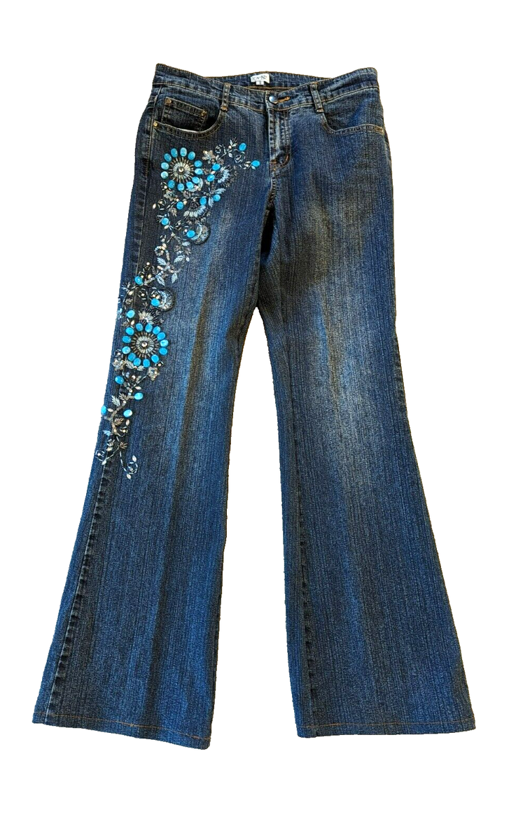 STUNNER VTG CACHE WOMEN'S HAND EMBROIDERED BEADED JEANS WITH STUNNER VTG CACHE WOMEN'S HAND EMBROIDERED BEADED JEANS WITH