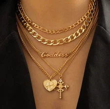 Women Necklace Cross Pendant 18K Gold Silver Plated Chunky Stainless Steel Chain