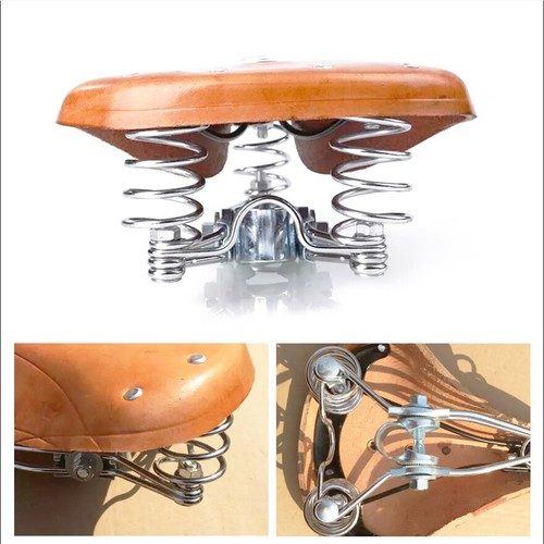 Brown Retro Bike Saddle Vintage Classic Real Genuine Leather Bicycle Spring Seat - Picture 2 of 6
