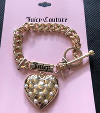 Juicy Couture Gold Tone Charm Bracelet With Logo Bar & Heart With Faux Pearl NWT