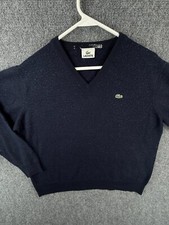 Lacoste Men Sweater Knit Croc Logo Adult Size 5 Navy Blue V Neck Wool Blend