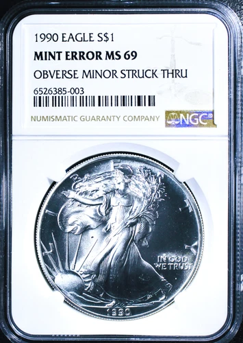 1990 American Silver Eagle - Mint Error Obverse Struck Through - NGC MS-69