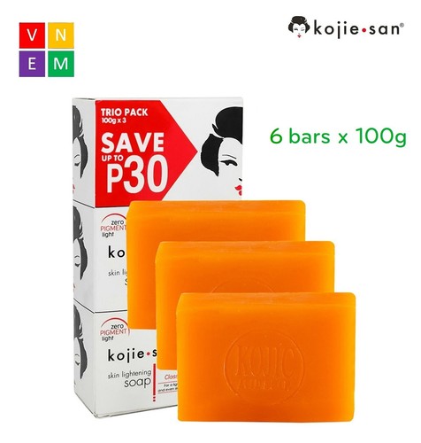 6 barras Original Kojie San Kojic Ácido Aclarador de la Piel Blanqueador Jabón Clásico 100 g