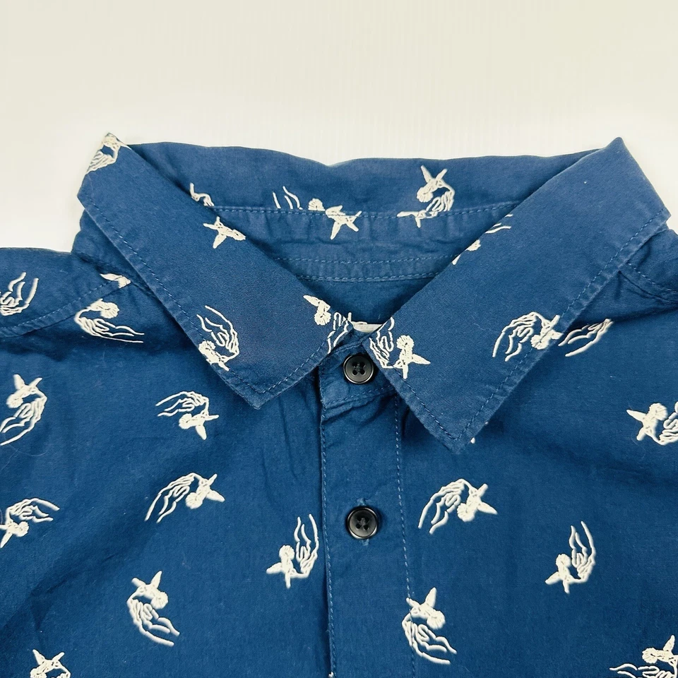 Camisa de manga corta RVCA para hombre talla L calce ajustado azul pájaro patrón de mano ropa de calle Foto 3 de 4