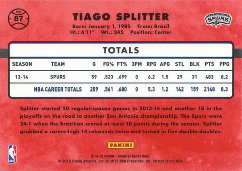 Tiago Splitter 2014-15 Panini Donruss Basketball Base Card #87 San Antonio Spurs - Picture 2 of 2