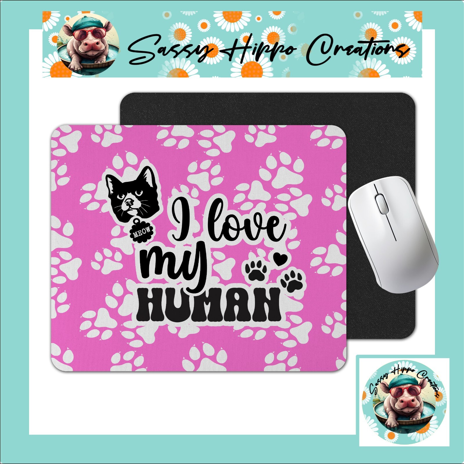 Mouse Pad Cat I Love My Human Pink Paw Prints Anti Slip Back Easy Clean-image