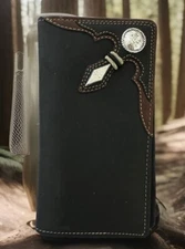 Silver Creek STOCKYARDS RAWHIDE Black Leather Concho Wallet  06393 NWT