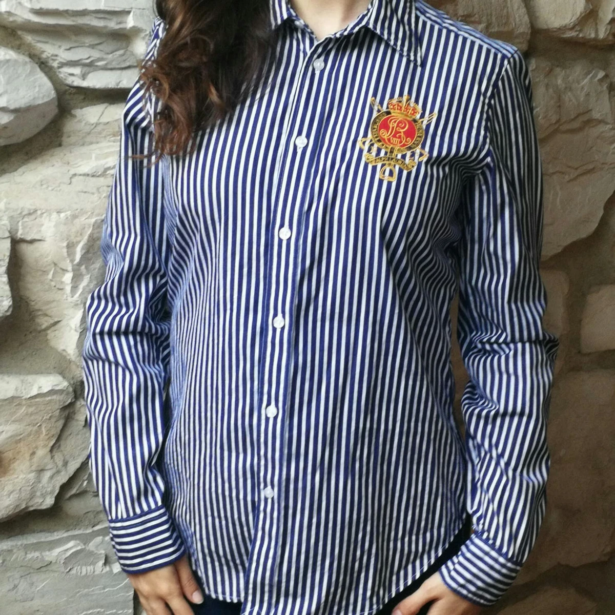Camicia ricamo oro rosso corona Ralph Lauren righe bianche blu navy firmata S M