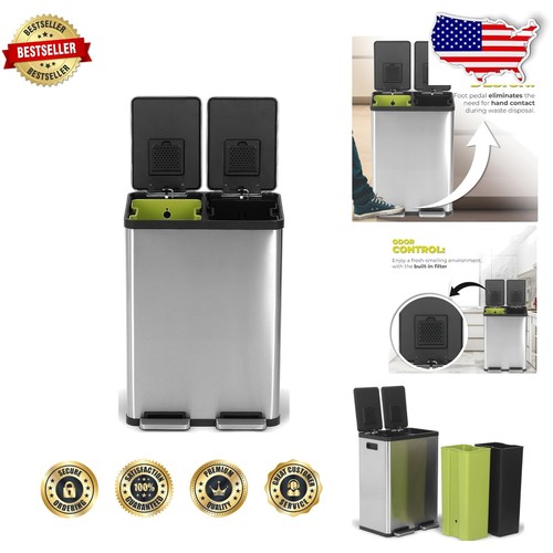 High Capacity 60L Stainless Steel Trash Can & Recycling Bin with Built-in Filter
