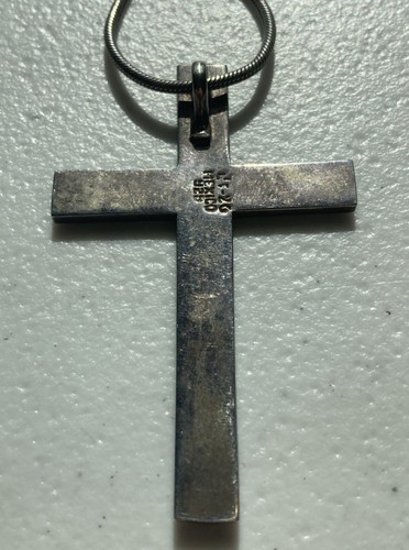 Beautiful Vintage Mexico Sterling Silver Cross Necklace With Turquoise Inlay - Picture 6 of 10