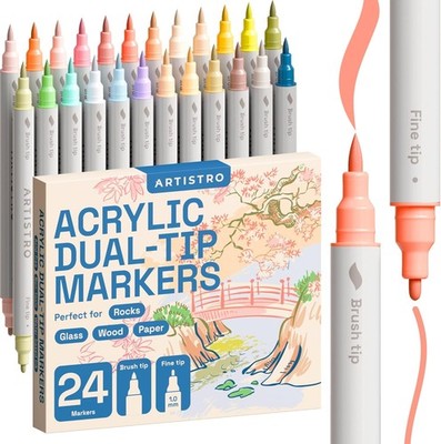 24 Acrylstifte   Dual Tip Pinsel & Fein Marker für Stoff, Leinwand, Stein, Gl...