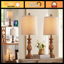 Rustic Farmhouse Table Lamp Set of 2 - Vintage 22" Bedside Desk Lamps with Linen