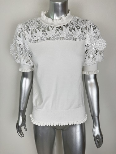 Elie Tahari Lace Knit Sweater Womens Small White Puff Sleeve Crochet Top - 第 1/12 張圖片