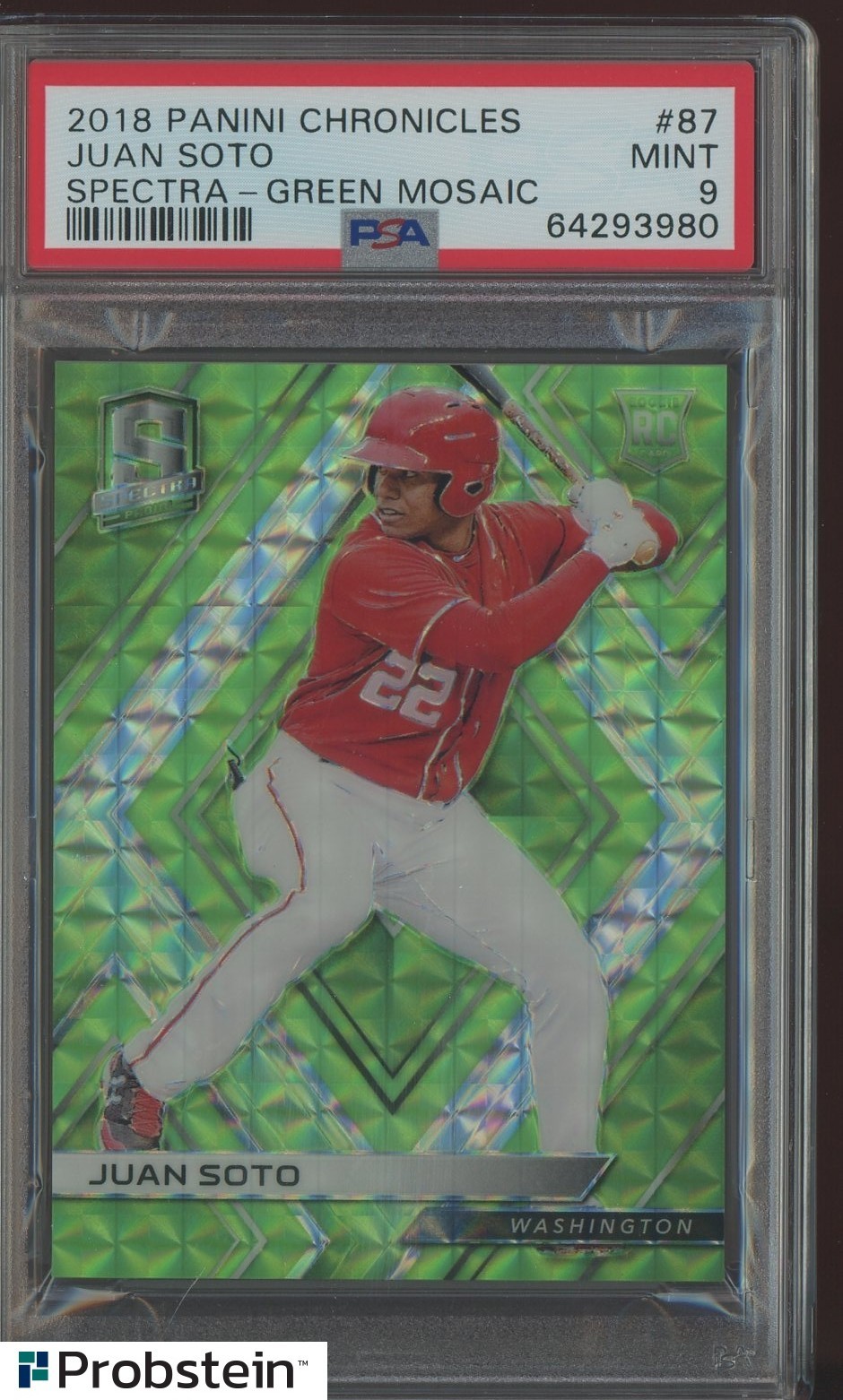 2018 Panini Chronicles Spectra Green Mosaic Juan Soto Nationals RC /25 PSA 9