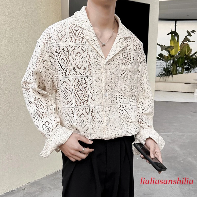 Hot Mens Hollow Out Lace Shirt See-Through Button Up Blouse Top Beach Party