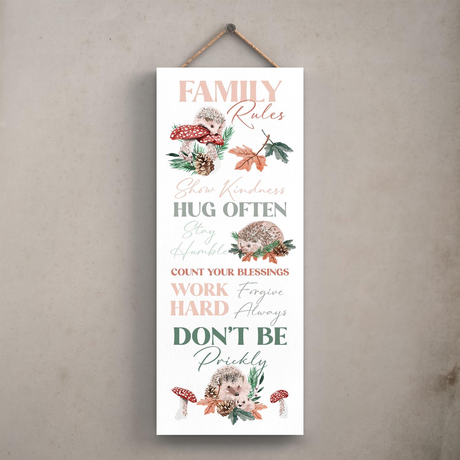 Family Rules Hedgehog Traits Charming Homeware Wooden Hanging Plaque