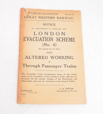 Eisenbahnfahrplan GWR 6 Tage London Evakuierungsschema (Nr.4) Paddington 1940