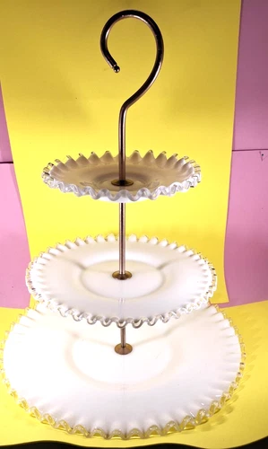 VTG Fenton Silver Crest Milk Glass 3 Tier Ruffled 14" Tall Tidbit Dessert Tray