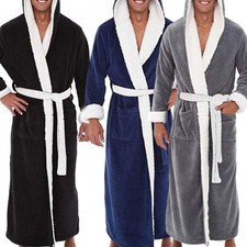Mens Long Dressing Gown Fleece Hooded Towelling Bath Robe Warm Lounge Nightgown