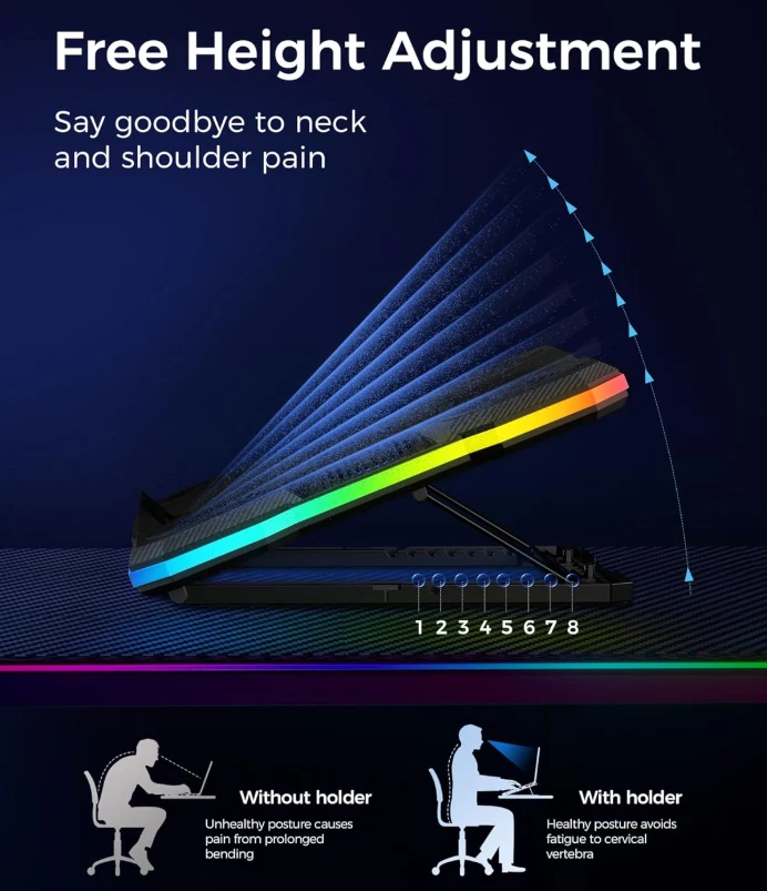 Almohadilla de enfriamiento para computadora portátil, luces RGB enfriador para computadora portátil 11 ventiladores para computadoras portátiles de 15,6-19,3 pulgadas, Foto 3 de 4