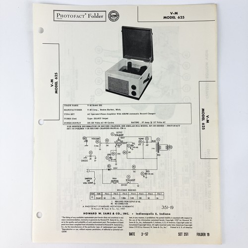 1957 V-M Plattenspieler 625 Draht Schaltplan Reparaturanleitung Sam’s Photofact Vintage - Bild 2 von 2