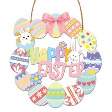 Easter Egg Door Sign - Happy Easter Decorations with Bunny Eggs Wood Wreath f...