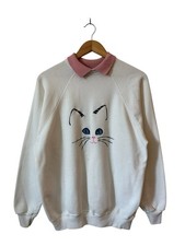 Vintage Collared Cat Sweatshirt Women s Large White 80 s Raglan USA